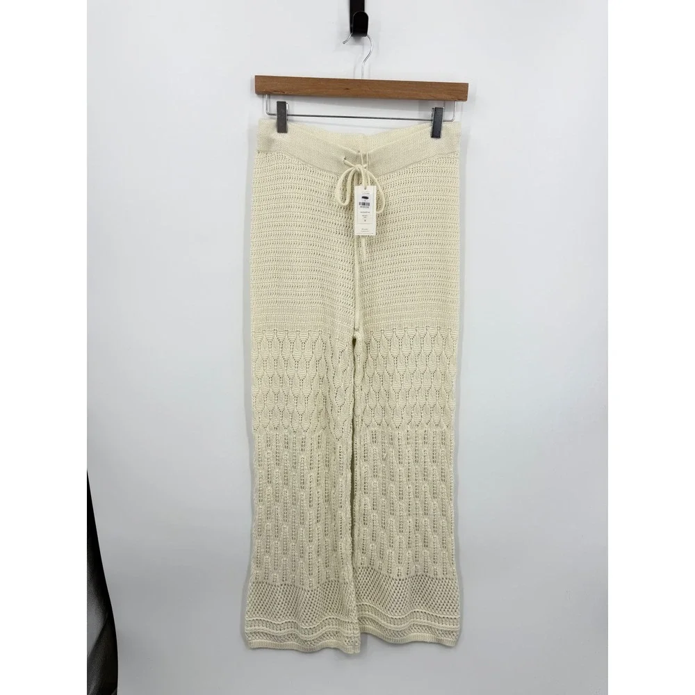 Z Supply Adia Crochet Pant Women Size S Sea Salt Wide Leg Knit Drawstring NEW